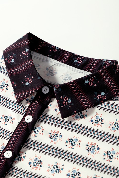 Vestido Evase Boho Floral Preto Listrado Manga Balão Babados