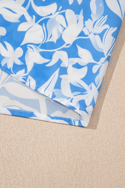 Vestido Longo Floral Azul Claro Gola V Manga Bufante Fluido