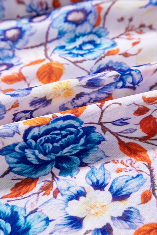 Vestido Curto Azul Claro Estampa Floral Mista Gola com Laço Manga Curta