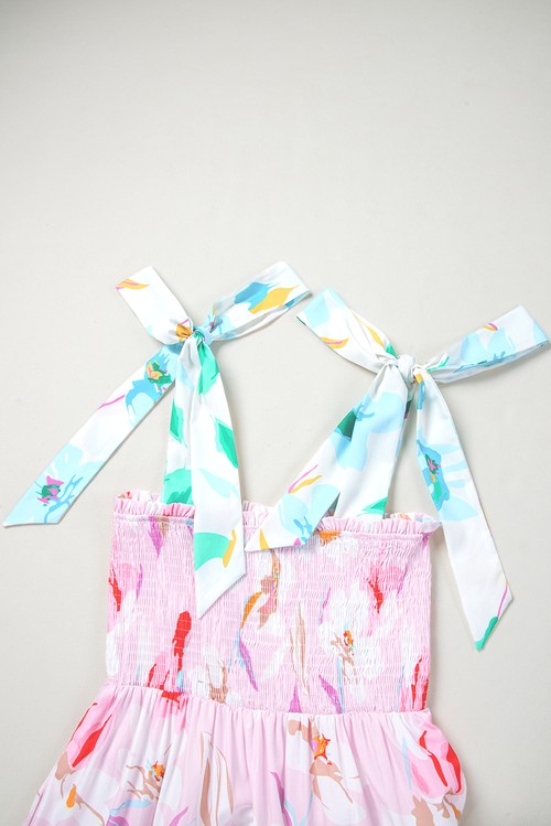 Vestido Maxi Floral Rosa Ombro com Nó Franzido