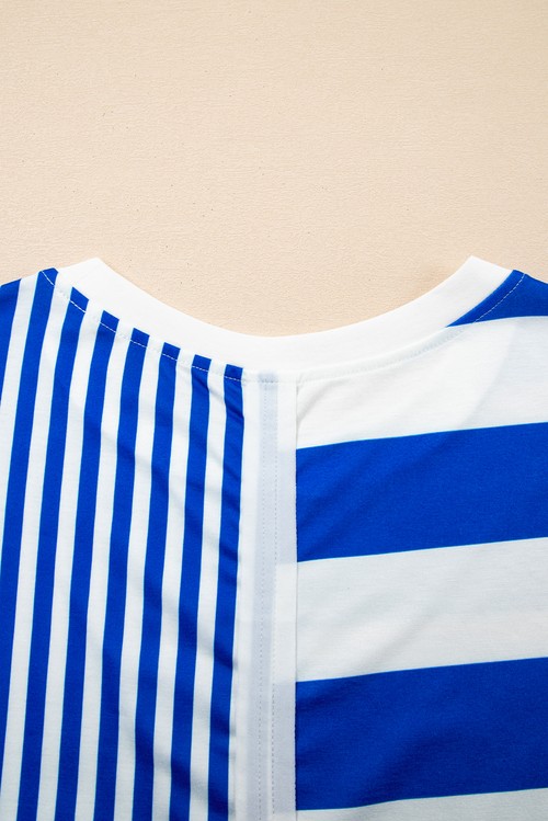 Vestido Curto Camiseta Listrado Azul Misto Manga Curta Shift