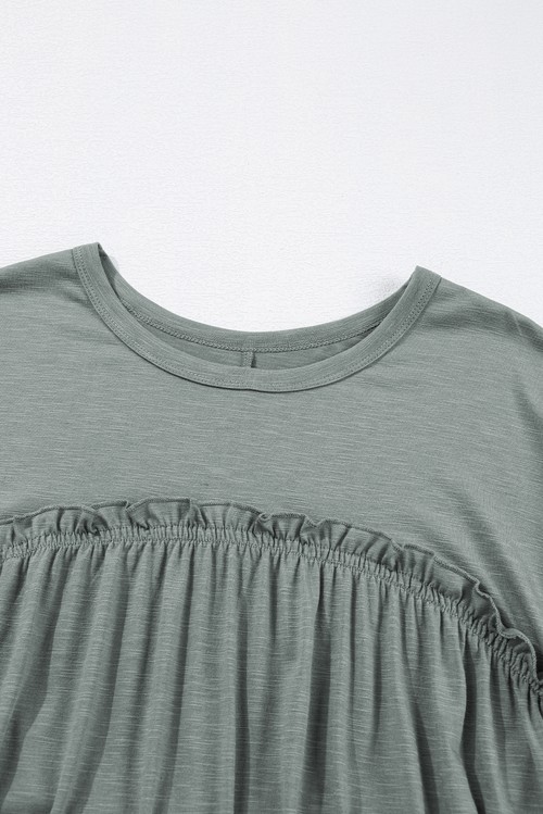 Vestido Camiseta Verde Névoa Gola Redonda Babados Costuras Franzidas