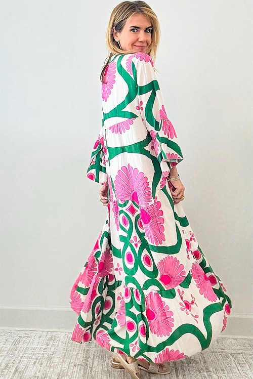 Vestido Maxi Boho Floral Rosa Manga Longa Botões Solto