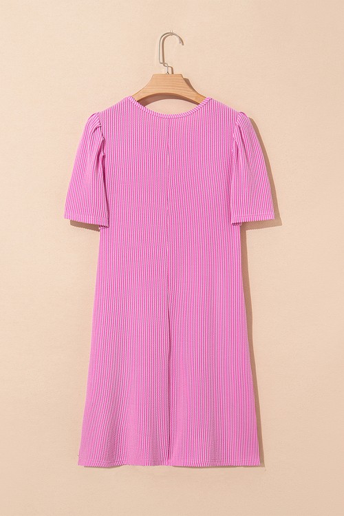 Vestido Curto Camiseta Rosa Choque Tricot Cordado Manga Bufante Gola Redonda