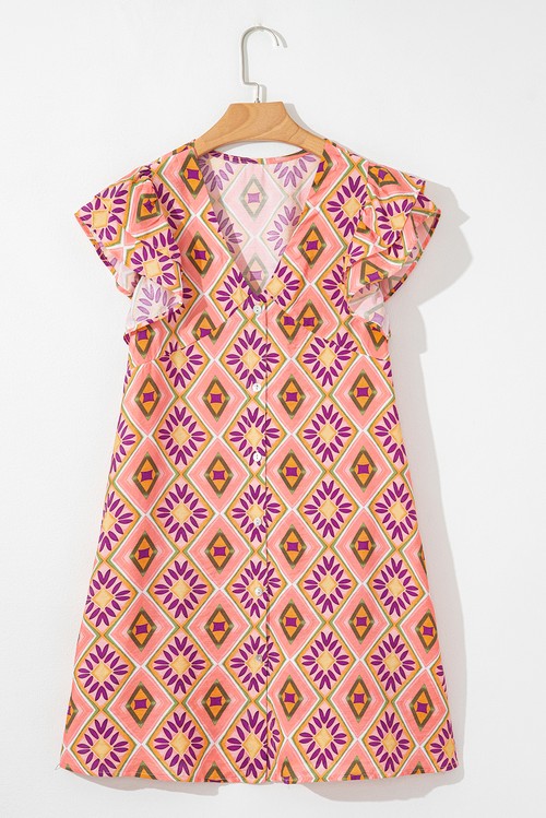 Vestido Curto Floral Geométrico Laranja Gola V Botões Manga Ruffled