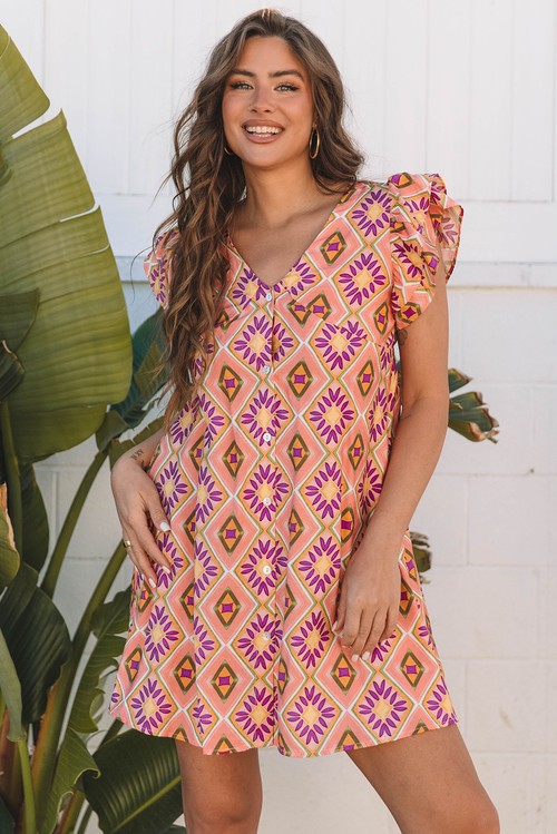 Vestido Curto Floral Geométrico Laranja Gola V Botões Manga Ruffled