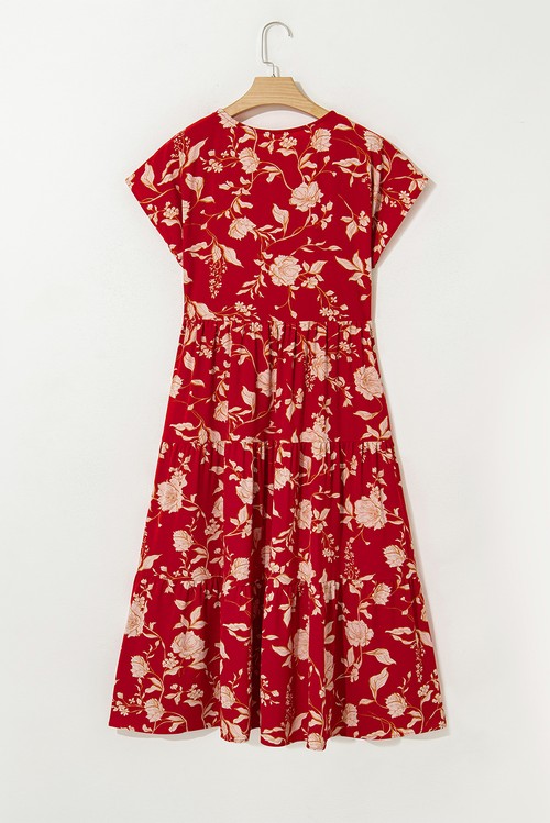 Vestido Curto Floral Vermelho Gola V Botões Frontal Camadas Manga Curta
