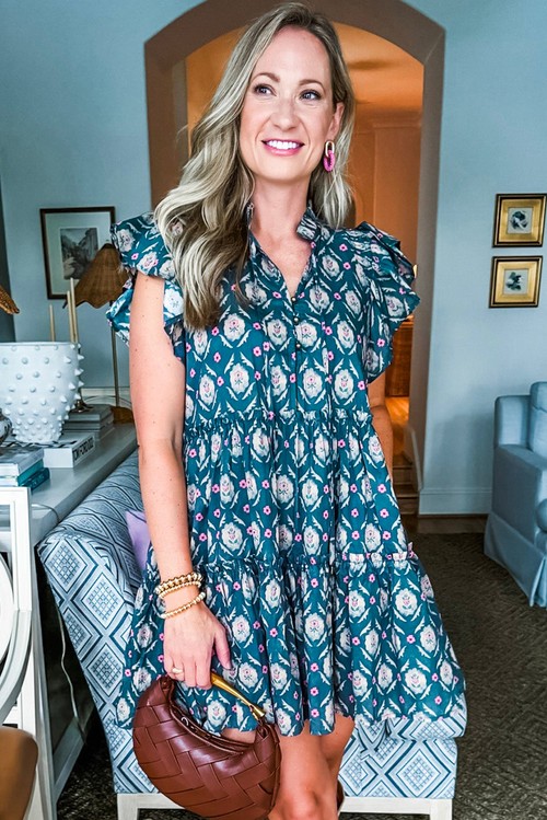 Vestido Curto Floral Retrô Azul Gola com Torção Babados Manga Curta