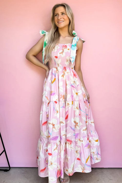 Vestido Maxi Floral Rosa Ombro com Nó Franzido