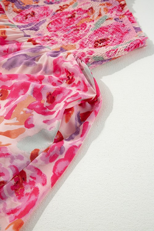 Vestido Maxi Floral Abstrato Rosa Um Ombro Franzido