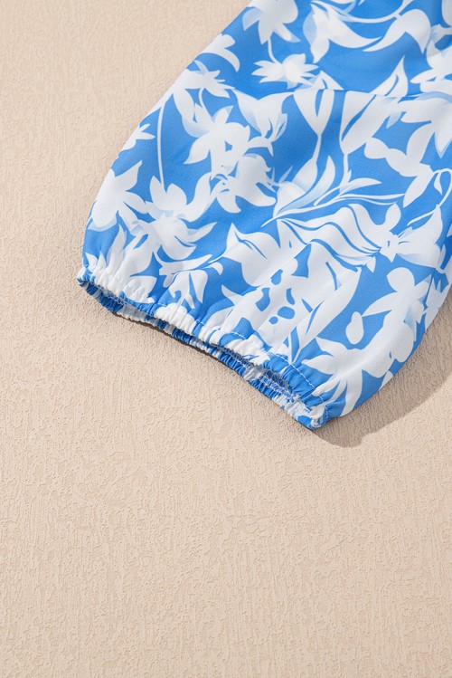 Vestido Longo Floral Azul Claro Gola V Manga Bufante Fluido