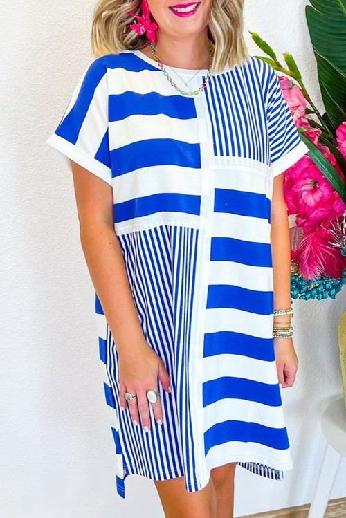 Vestido Curto Camiseta Listrado Azul Misto Manga Curta Shift