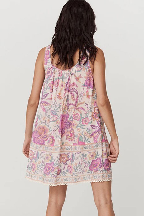 Vestido Curto Floral Multicolor Alcinhas Franjas Laço Gola U Sem Manga