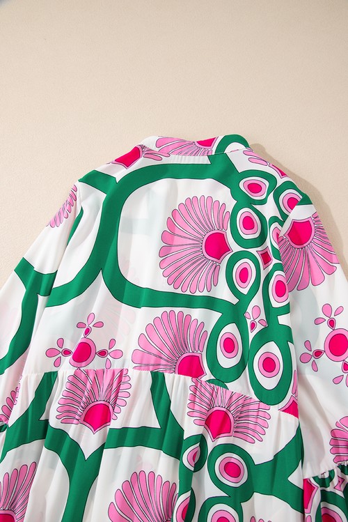 Vestido Maxi Boho Floral Rosa Manga Longa Botões Solto