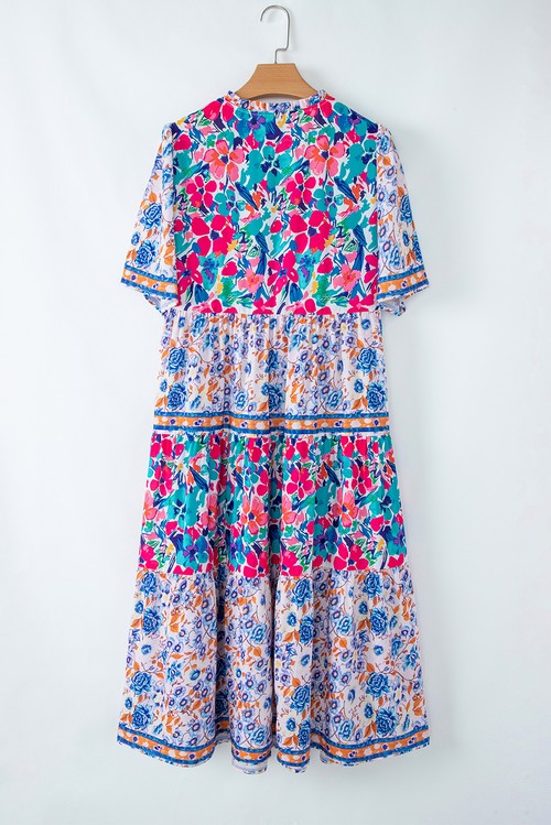 Vestido Curto Azul Claro Estampa Floral Mista Gola com Laço Manga Curta