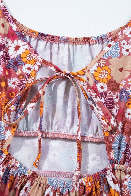 Vestido Curto Floral Vermelho Manga Bufante Gola Quadrada Nó nas Costas