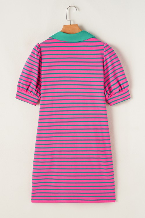 Vestido Camiseta Listrado Rosa Gola Polo Manga Bufante