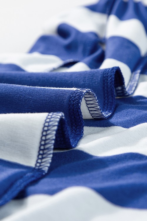 Vestido Camiseta Listrado Azul Claro Manga com Babados Contrastante