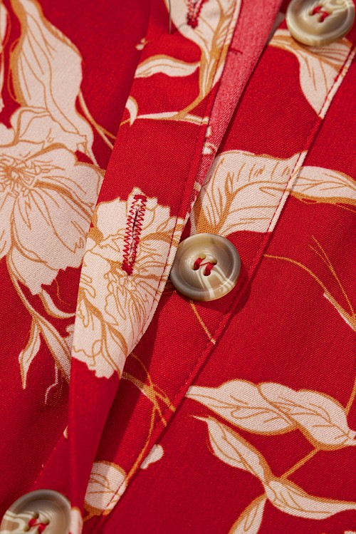 Vestido Curto Floral Vermelho Gola V Botões Frontal Camadas Manga Curta