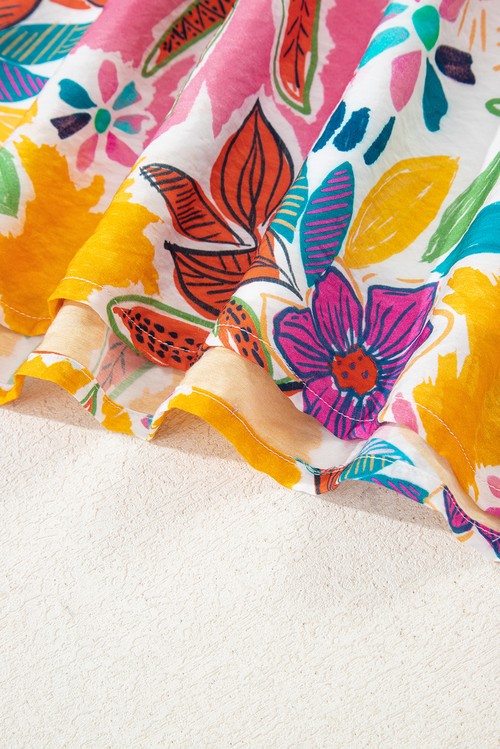 Vestido Floral Rosa Manga Sino Laço nas Costas com Renda