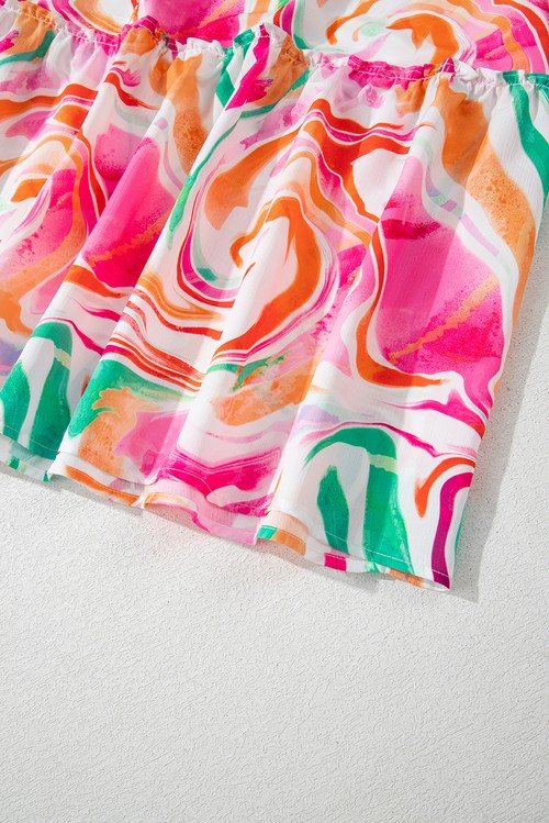 Vestido Maxi Floral Abstrato Rosa Manga Ruffled Franzido no Busto