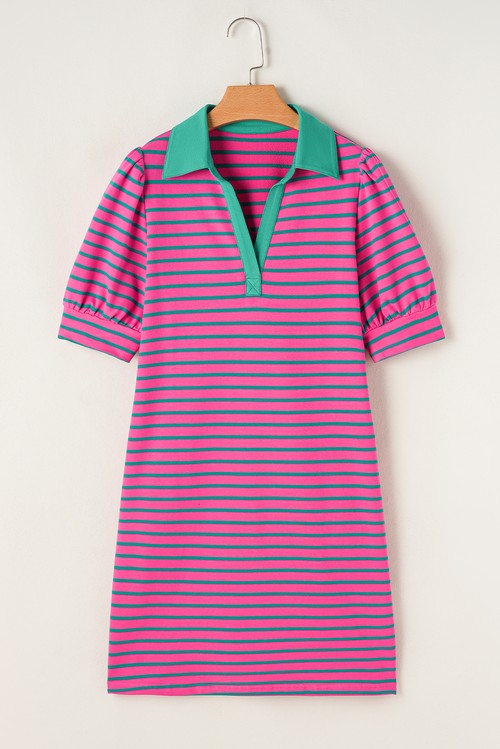 Vestido Camiseta Listrado Rosa Gola Polo Manga Bufante