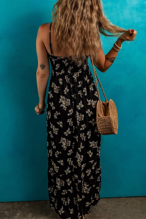 Vestido Maxi Floral Preto Alcinhas Franzido Busto Império com Laço