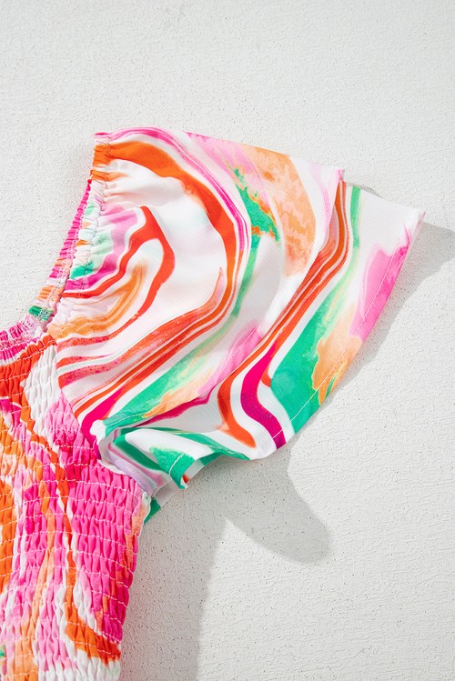 Vestido Maxi Floral Abstrato Rosa Manga Ruffled Franzido no Busto