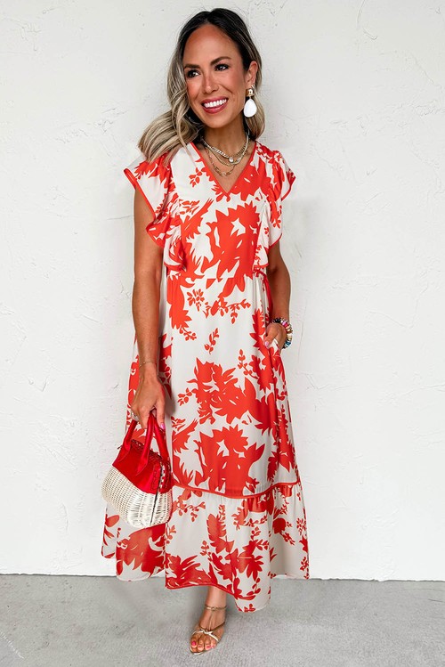Vestido Longo Floral Vermelho Gola V Manga Ruffled com Borda