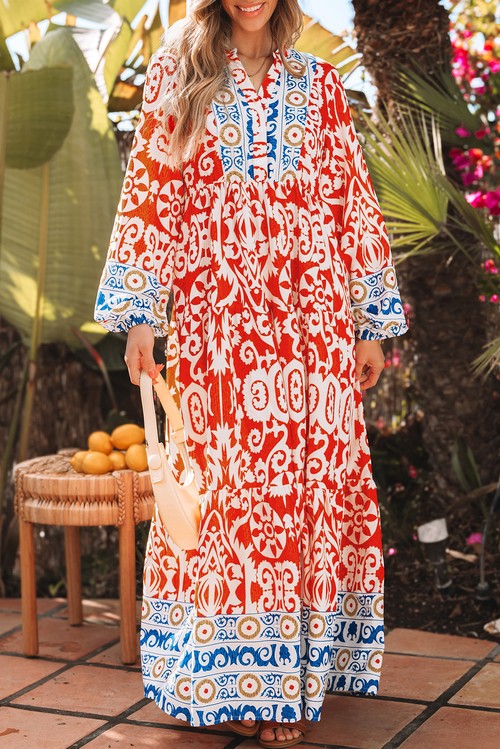 Vestido Maxi Boho Geométrico Laranja Manga Longa Estampado