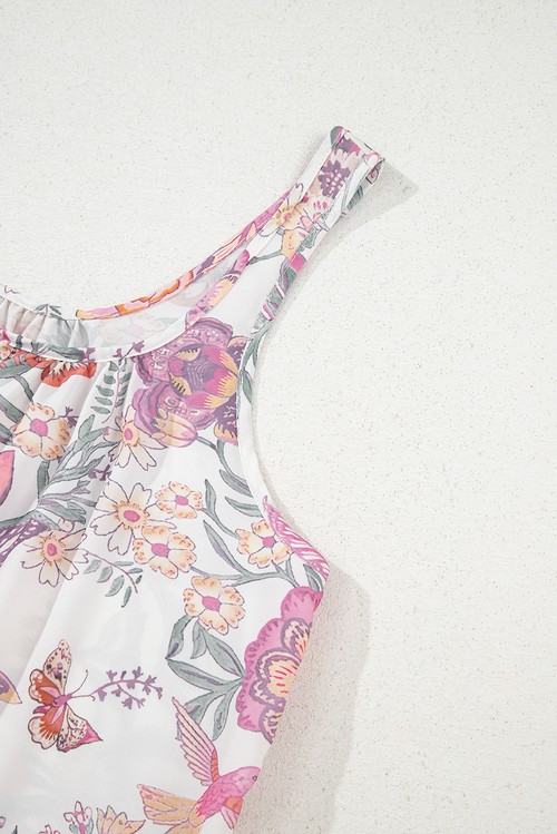 Vestido Curto Floral Multicolor Alcinhas Franjas Laço Gola U Sem Manga