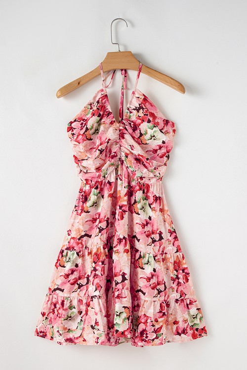 Vestido Curto Floral Rosa Sem Manga Gola Halter Costas Franzidas Babados