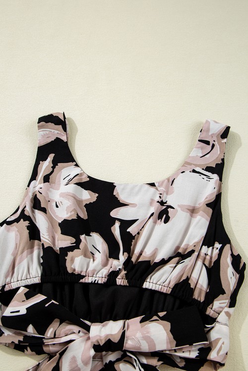 Vestido Maxi Floral Preto Sem Manga Gola Quadrada Nó Costas Recorte