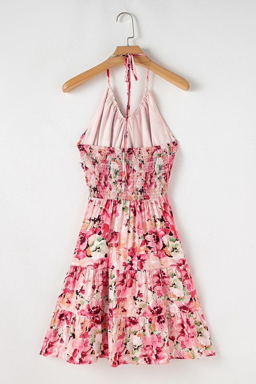 Vestido Curto Floral Rosa Sem Manga Gola Halter Costas Franzidas Babados