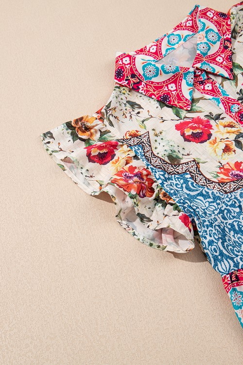 Vestido Curto Floral Rosa Estampa Mista Manga Ruffled Botões