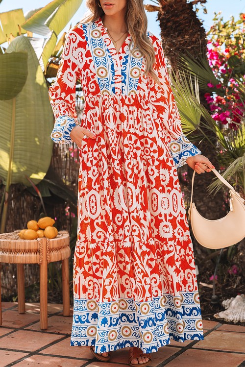Vestido Maxi Boho Geométrico Laranja Manga Longa Estampado