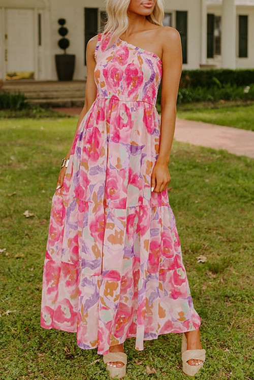 Vestido Maxi Floral Abstrato Rosa Um Ombro Franzido