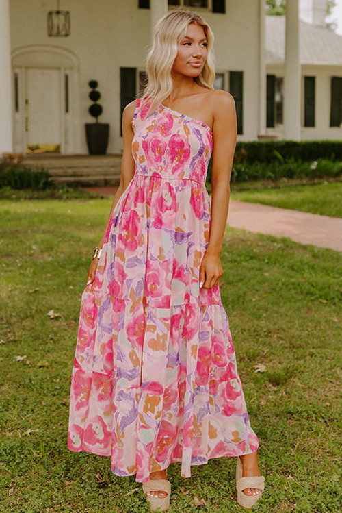 Vestido Maxi Floral Abstrato Rosa Um Ombro Franzido