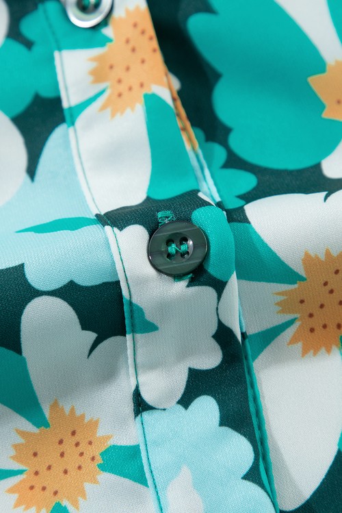 Vestido Camisa Floral Verde Manga Bufante Longa Camadas