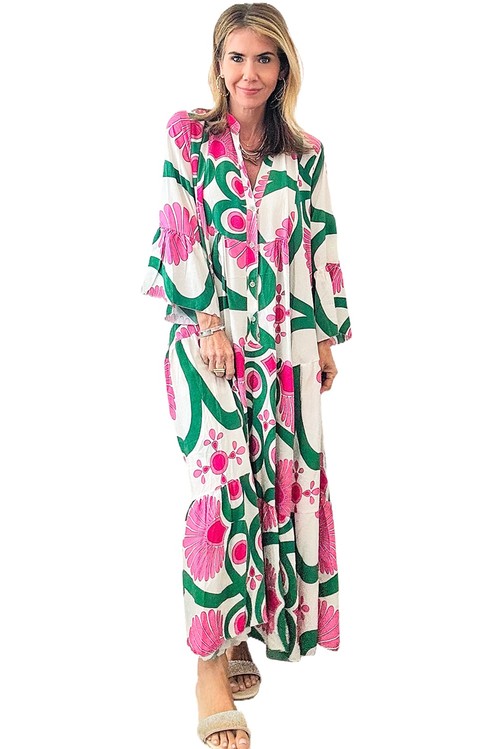 Vestido Maxi Boho Floral Rosa Manga Longa Botões Solto