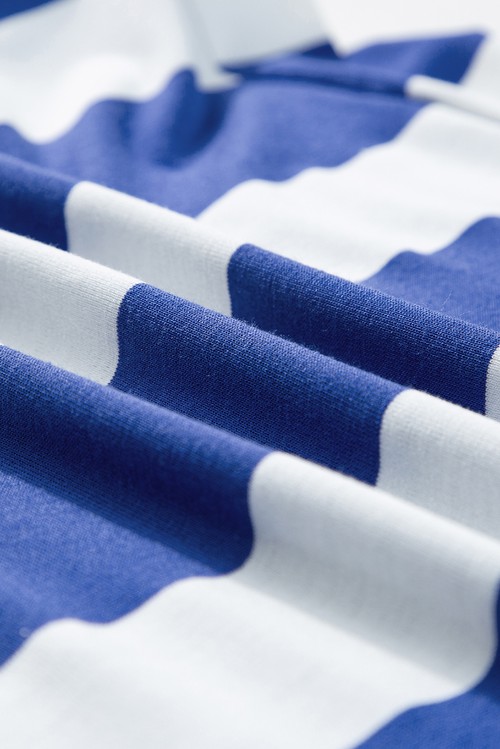 Vestido Camiseta Listrado Azul Claro Manga com Babados Contrastante