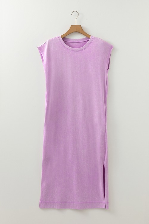 Vestido Longo Camiseta Lavado Mineral Roxo com Bolso