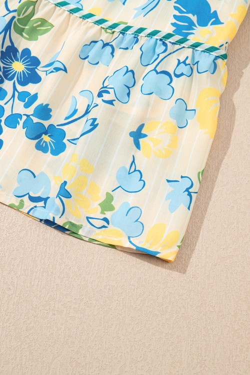 Vestido Floral Listrado Azul Manga Bufante Curta com Borda