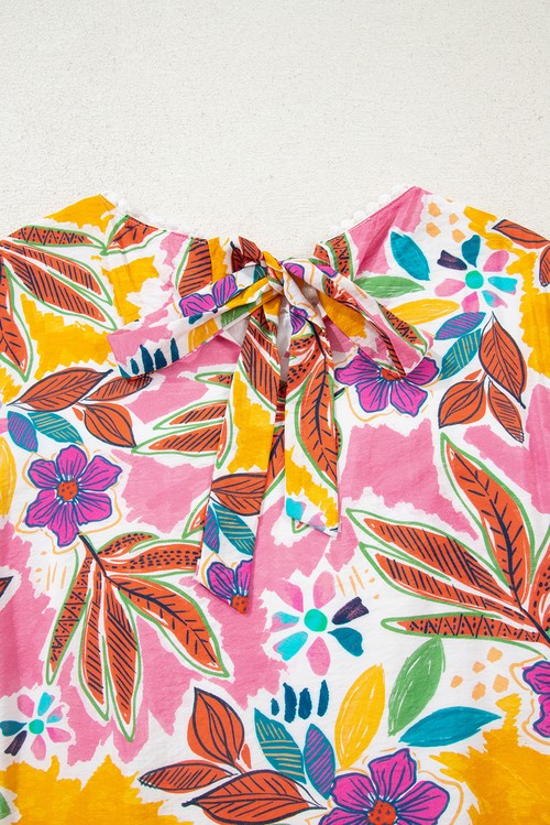 Vestido Floral Rosa Manga Sino Laço nas Costas com Renda