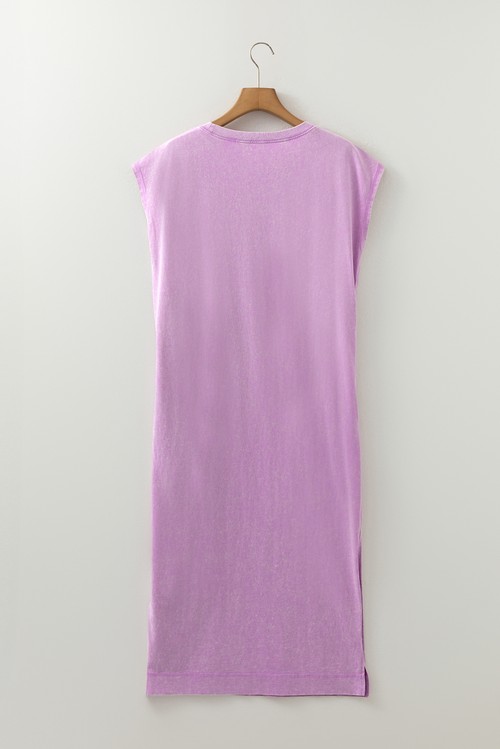 Vestido Longo Camiseta Lavado Mineral Roxo com Bolso