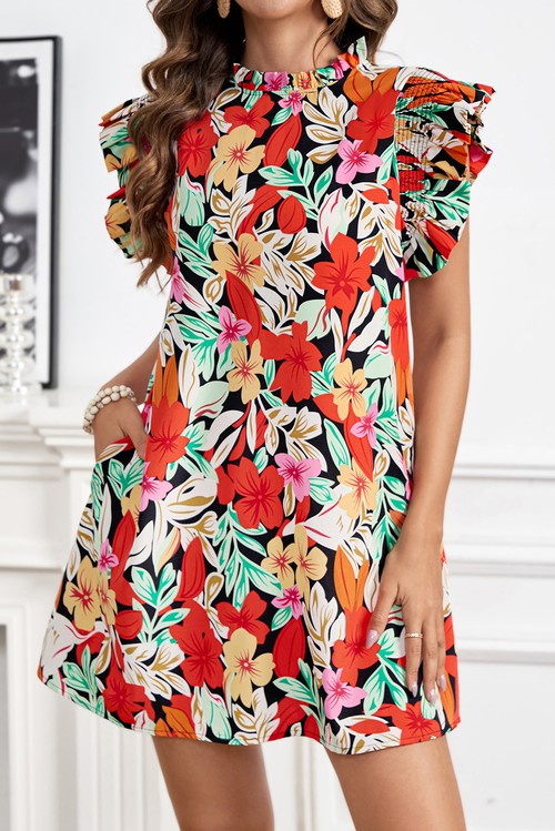 Vestido Curto Floral Vermelho Manga Ruffled Franzido Shift