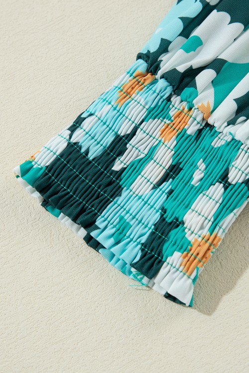 Vestido Camisa Floral Verde Manga Bufante Longa Camadas