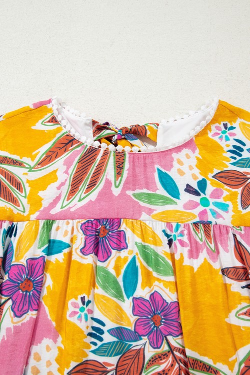 Vestido Floral Rosa Manga Sino Laço nas Costas com Renda