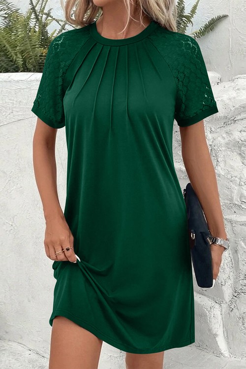 Vestido Shift Verde Escuro Renda Contraste Manga Raglan Pregueado