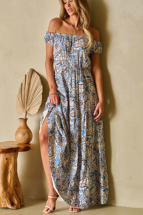 Vestido Maxi Boho Paisley Azul Ombro Caído